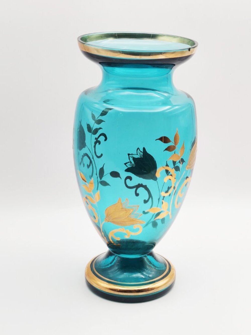 Vintage Bohemian Aqua Blue with Gold Overlay 10" Vase AS IS - Picture 4 of 11